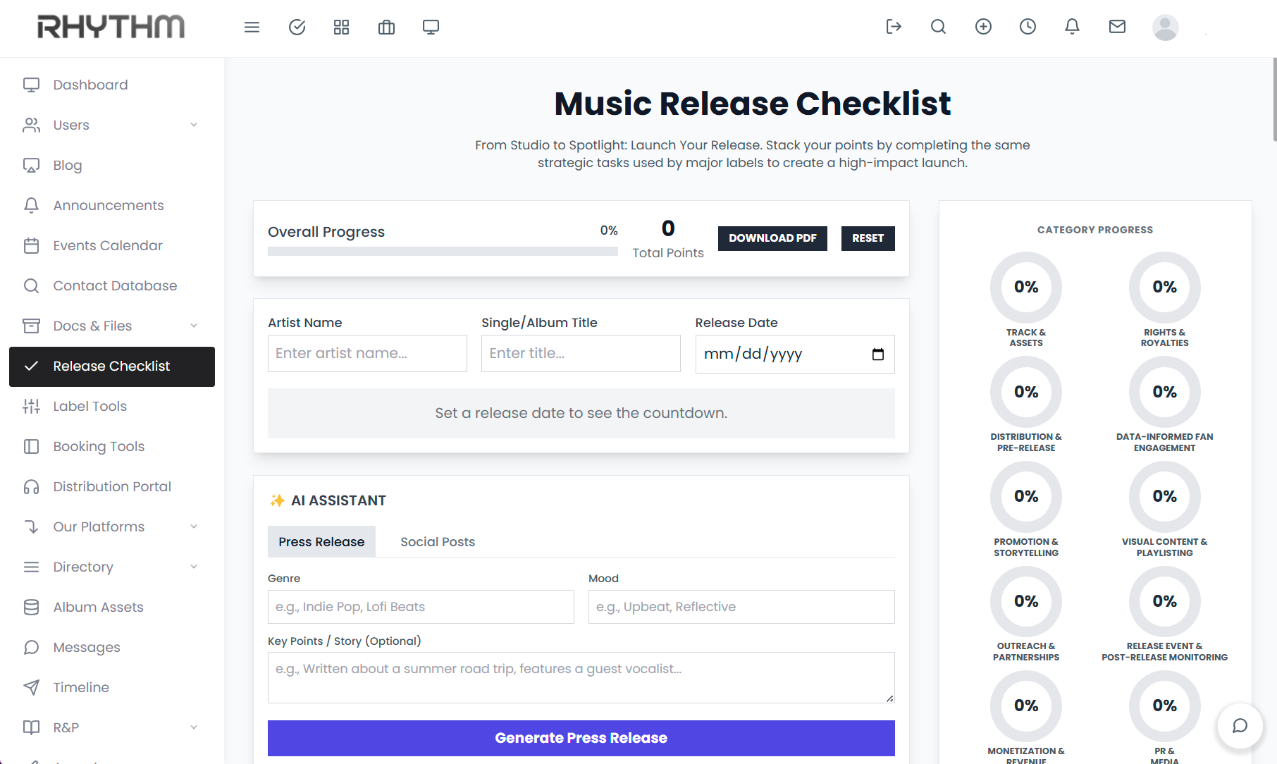 Rhythm platform dashboard showing project timelines and tasks